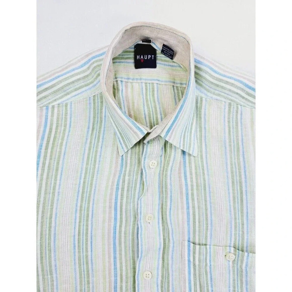 Haupt Size 14.5 Small 37/38 Men's white Stripe Short Sleeve Logo Tag Linen Shirt - Picture 1 of 11